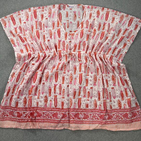 Sievya Coverup Swim Tunic Pink Fish Travel Resort Beach Drawstring Cotton - Picture 1 of 8